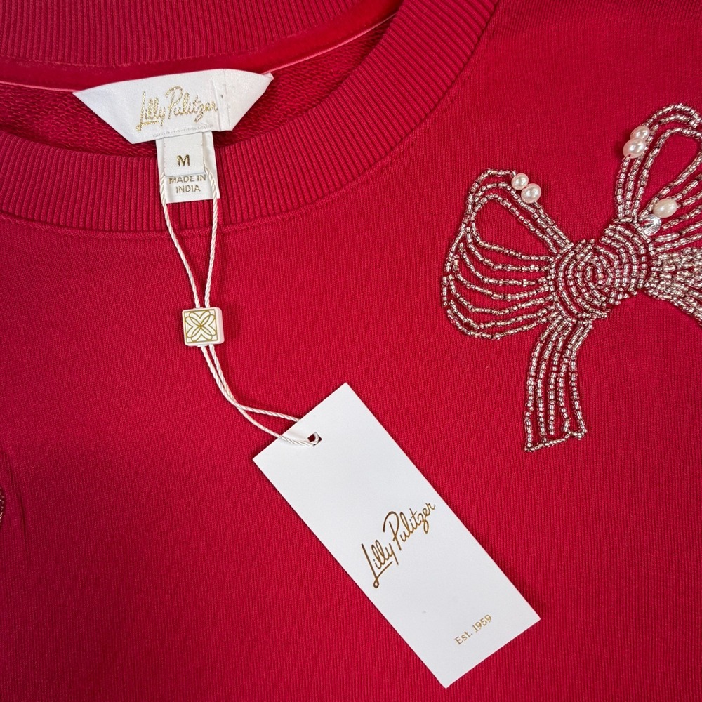 NWT Lilly Pulitzer Ballad Long Sleeve Sweatshirt Red Embellished Beaded Womens M - Picture 2 of 9